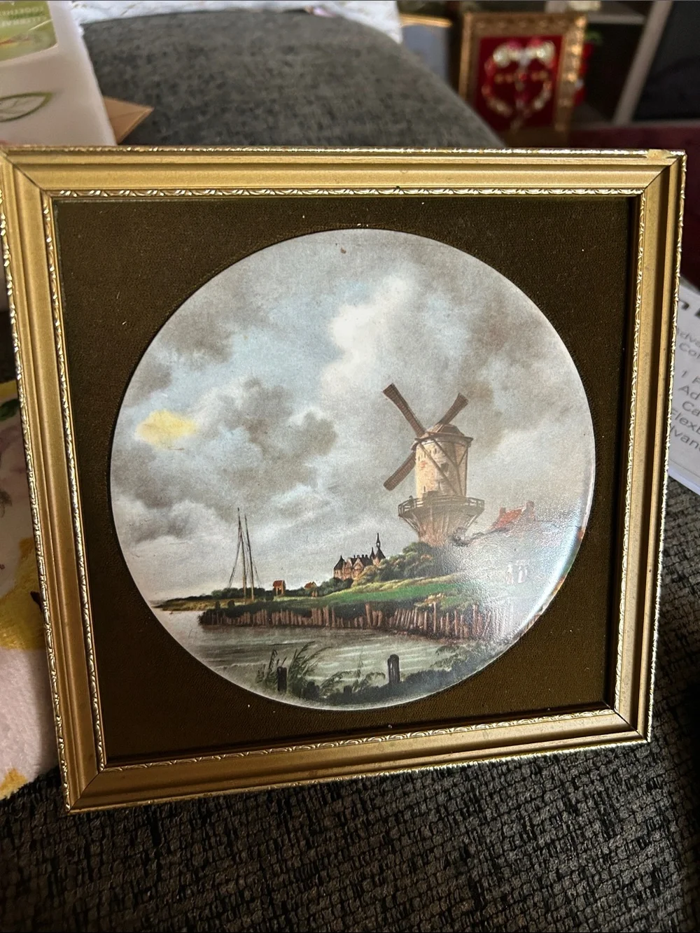 Framed Windmill Landscape Wall Art - Gold Frame, Brown Mat